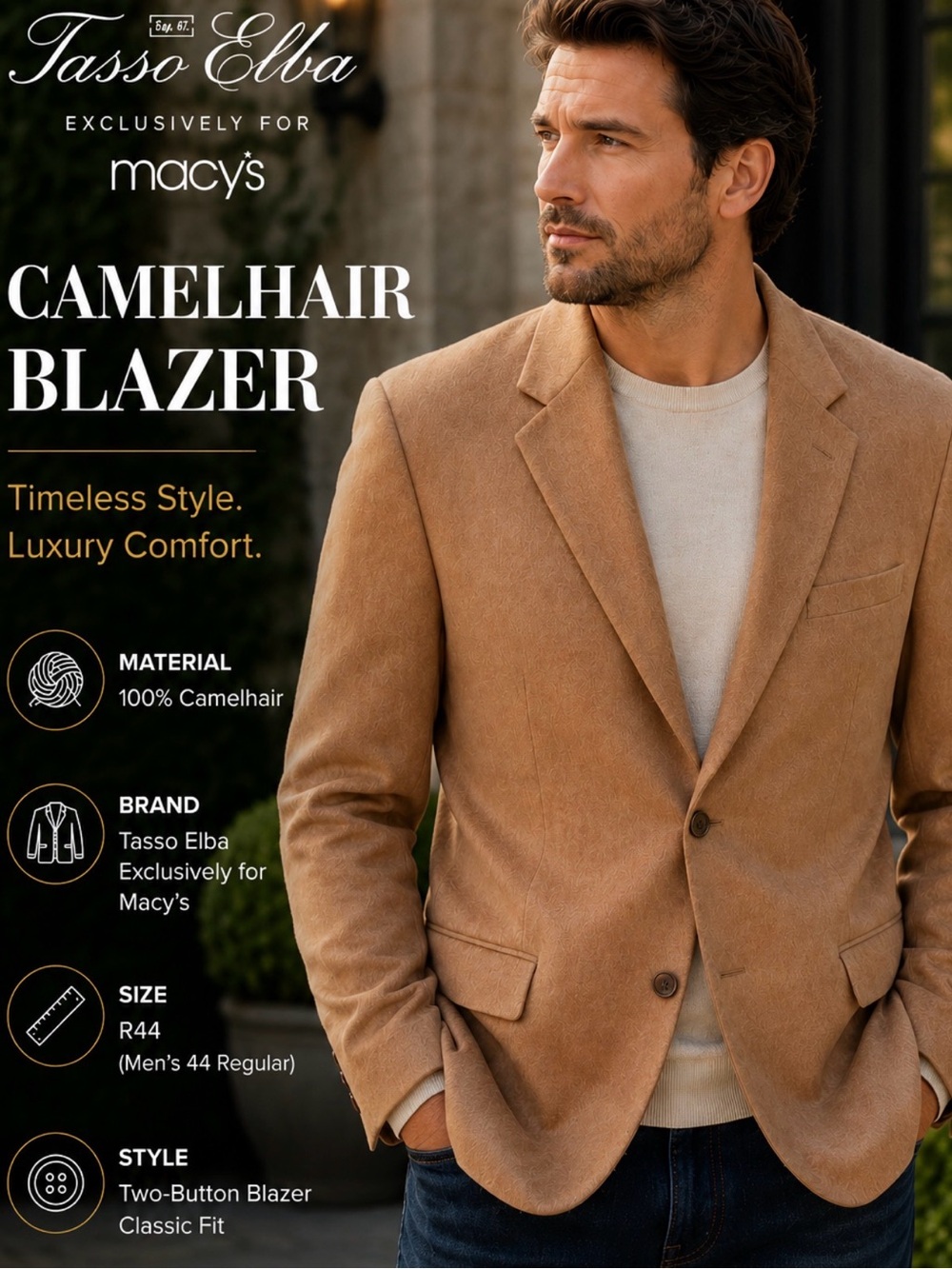 Tasso Elba Sport Coat Men's Tan 44R Camel Hair Lanificio Campore Solid Blazer